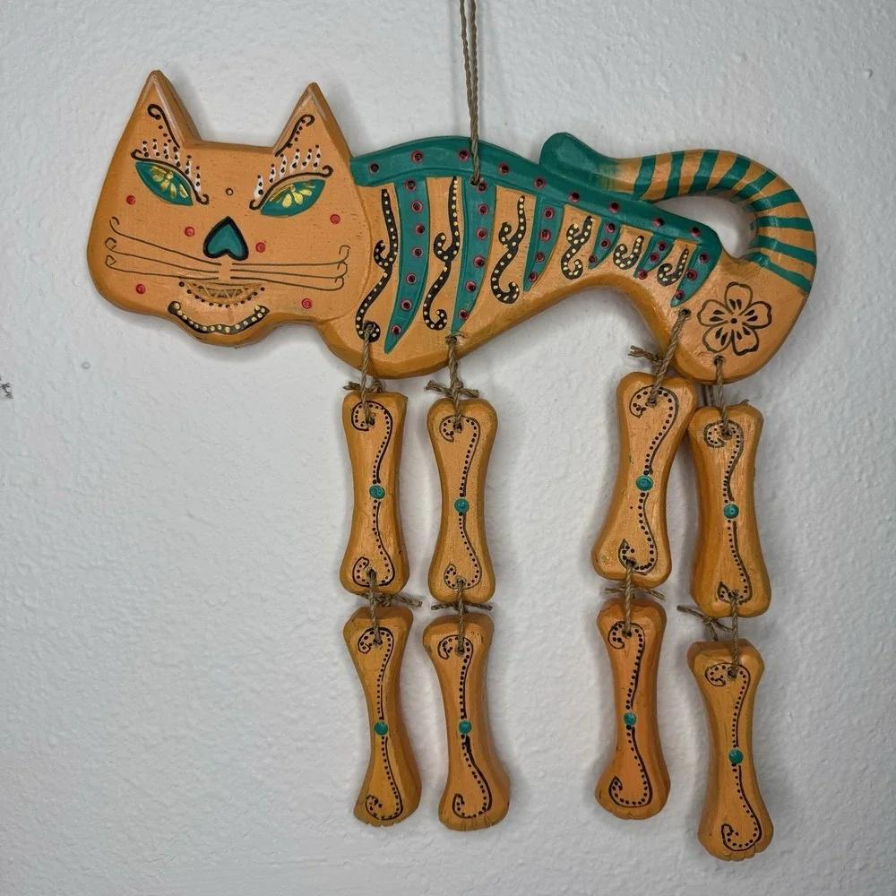 Cat Skeleton Wooden Hand Painted Orange & Turquoise Wind Chime Day Of‎ The Dead